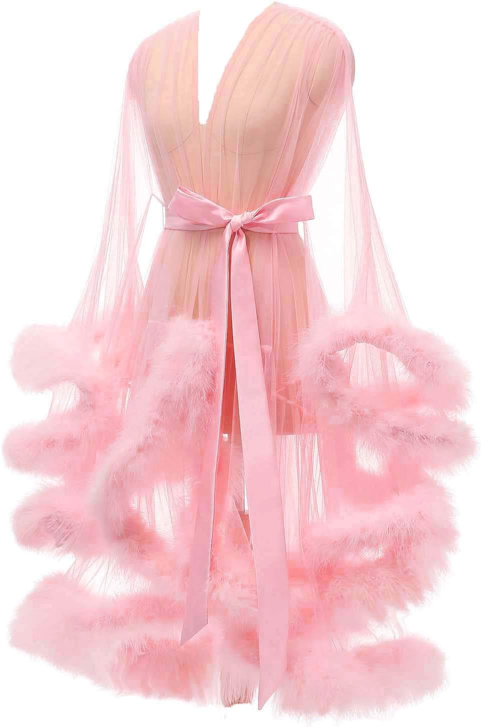 Tulle Feather Robe Sexy Sheer Mesh Fur Bridal Illusion Boudoir Bathrobe Nightgown Christmas Lingerie