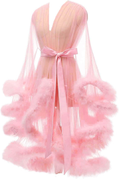 Tulle Feather Robe Sexy Sheer Mesh Fur Bridal Illusion Boudoir Bathrobe Nightgown Christmas Lingerie