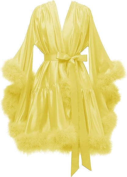 Yexinbridal Feather Fur Robe Silk Satin Bridal Dressing Gown Sexy Illusion Lingerie Nightgown Bathrobe Sleepwear
