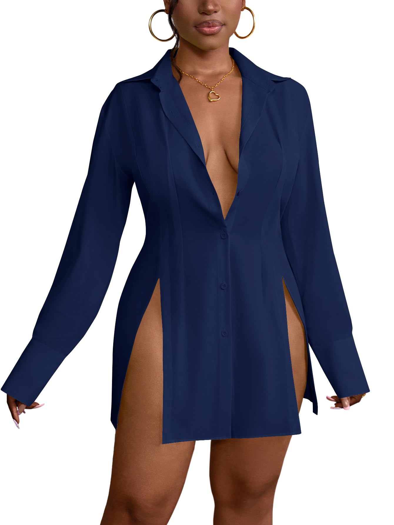 LYANER Women's Button Down Shirt Dress Collar V Neck Long Sleeve Slit Sexy Shirt Dresses