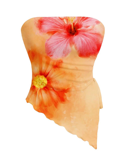 WDIRARA Women's Floral Mesh Strapless Side Ruched Tube Top Asymmetrical Hem Bandeau Crop Tops