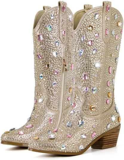 Richealnana Sparkly Rhinestones Cowboy Cowgirl Style Boots Calf High Boots for Women 2INCH Heeled Shining Pull On Tabs