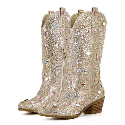 Richealnana Sparkly Rhinestones Cowboy Cowgirl Style Boots Calf High Boots for Women 2INCH Heeled Shining Pull On Tabs