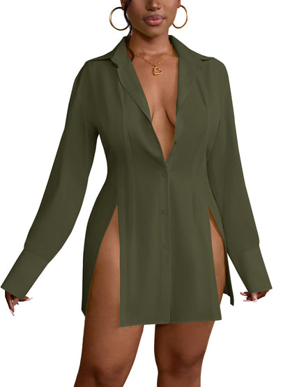 LYANER Women's Button Down Shirt Dress Collar V Neck Long Sleeve Slit Sexy Shirt Dresses