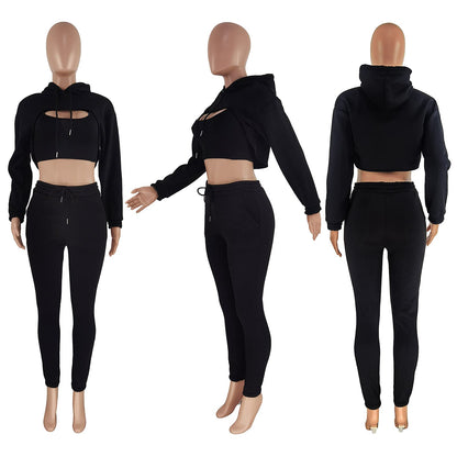Adogirl Women 3 Piece Outfits Tracksuits Set Sexy Long Sleeve Pullover Hoodie Tank Crop Tops Jogger Sweatpants Sweatsuits