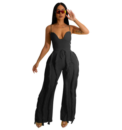 PRIVIMIX Women 2 Piece Outfits Fringe Tassel Long Pants Set Adjustable Suspenders Bodysuit Spaghetti Strap Clubwear Jumpsuits