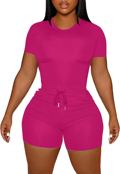 LovelyWholesale Women's Summer 2 Piece Outfits Skinny Shorts Tracksuit Sets