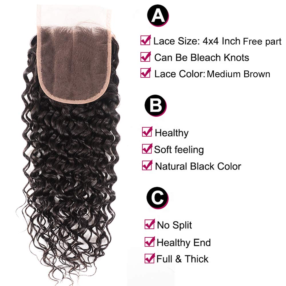 Water Wave Bundles With Closure Human Hair - 18 20 22+16, Wet and Wavy, 3 Bundles, 100% Unprocessed, Deep Curly, Natural Black Color