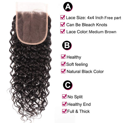 Water Wave Bundles With Closure Human Hair - 18 20 22+16, Wet and Wavy, 3 Bundles, 100% Unprocessed, Deep Curly, Natural Black Color