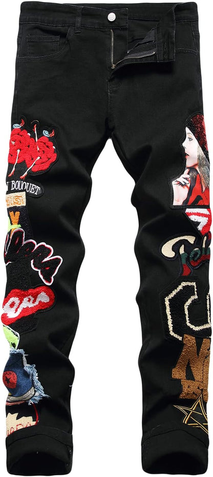 Enrica Men's Ripped Straight Slim Moto Biker Jeans