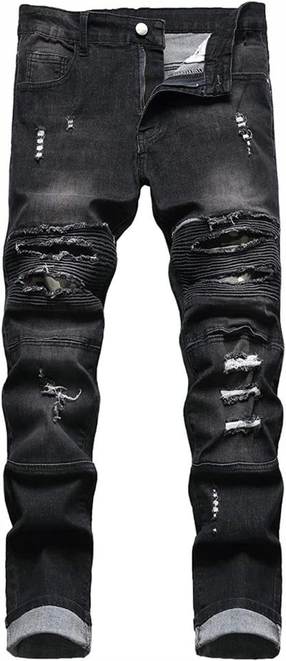 Baylvn Men's Designer Straight Slim Fit Patchwork Jeans Comfort Skinny Biker Denim Pants