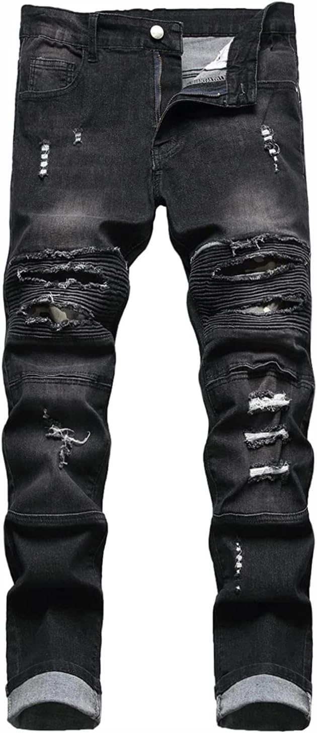 Baylvn Men's Designer Straight Slim Fit Patchwork Jeans Comfort Skinny Biker Denim Pants