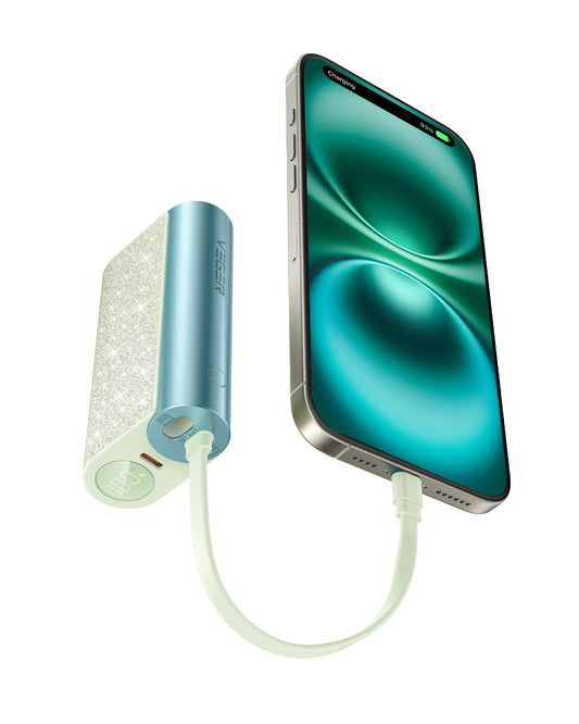 VEGER Compact Portable Charger with Built in Cable(Removable), 10000mAh Cute Power Bank 20W Fast Charging, Sparkling Battery Pack Fashion Travel Accessory Compatible with iPhone 15/14, Android-Purple