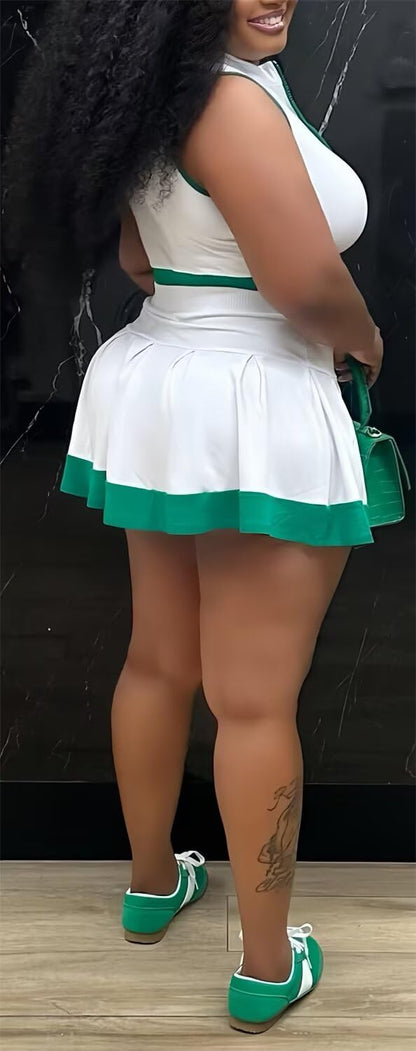 Tennis Outfit Skirt Sets Women 2 Piece Outfits Zipper V Neck Crop Tops and Pleated Skirt Set Summer Tracksuits