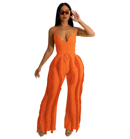 PRIVIMIX Women 2 Piece Outfits Fringe Tassel Long Pants Set Adjustable Suspenders Bodysuit Spaghetti Strap Clubwear Jumpsuits