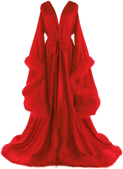 Women's Feather Bridal Robes Old Hollywood Maternity Photoshoot Nightgown Silk Bathrobe Long Lingerie
