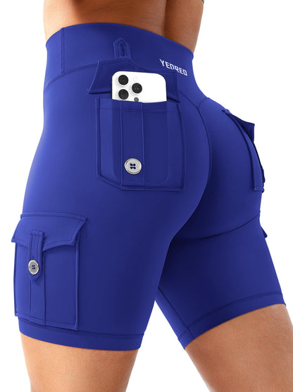 YEOREO CoreFlex Women Workout Biker Shorts with Cargo Pockets Hidden Scrunch High Waisted 8" Inseam Gym Shorts