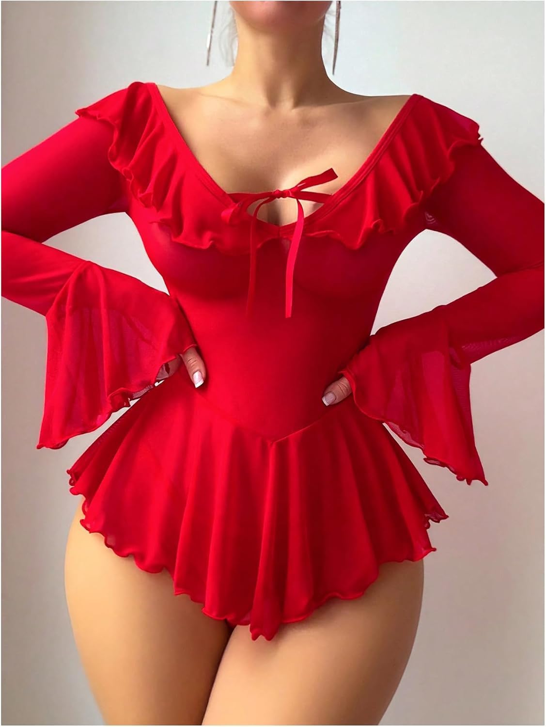 Sexy Lingerie for Women Rave Outfits Clubwear See Through Lingerie Sets Bell Sleeve Ruffle Mesh Tops