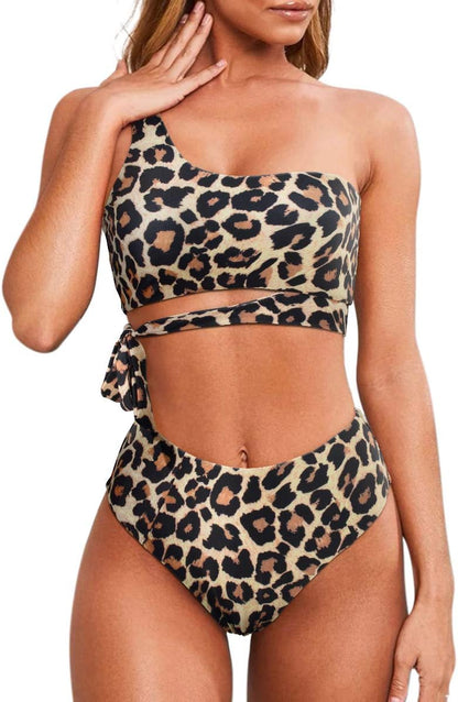 MOOSLOVER Women One Shoulder High Waisted Bikini Tie High Cut Two Piece Swimsuits