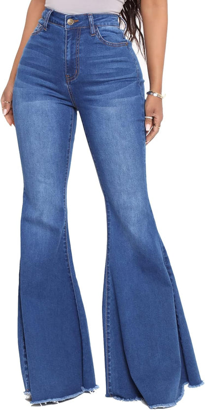 Women's Bell Bottom Jeans Classic Destoryed Ripped Flare Jeans Elastic Waist Raw Hem Denim Pants