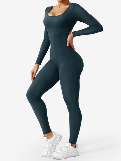 YEOREO Long Sleeve Jumpsuits for Women V Back Bodysuit Workout Full Length Bodycon Scrunch Leggings One Piece Romper
