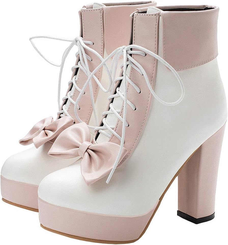 Parisuit Womens Dress Kawaii Boots Chunky High Heel Platform Ankle Booties Lace Up Sweet Bow Shoes