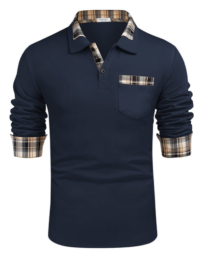 COOFANDY Men's Casual Polo Shirt Long Sleeve Classic Plaid Button Tees with Pockets