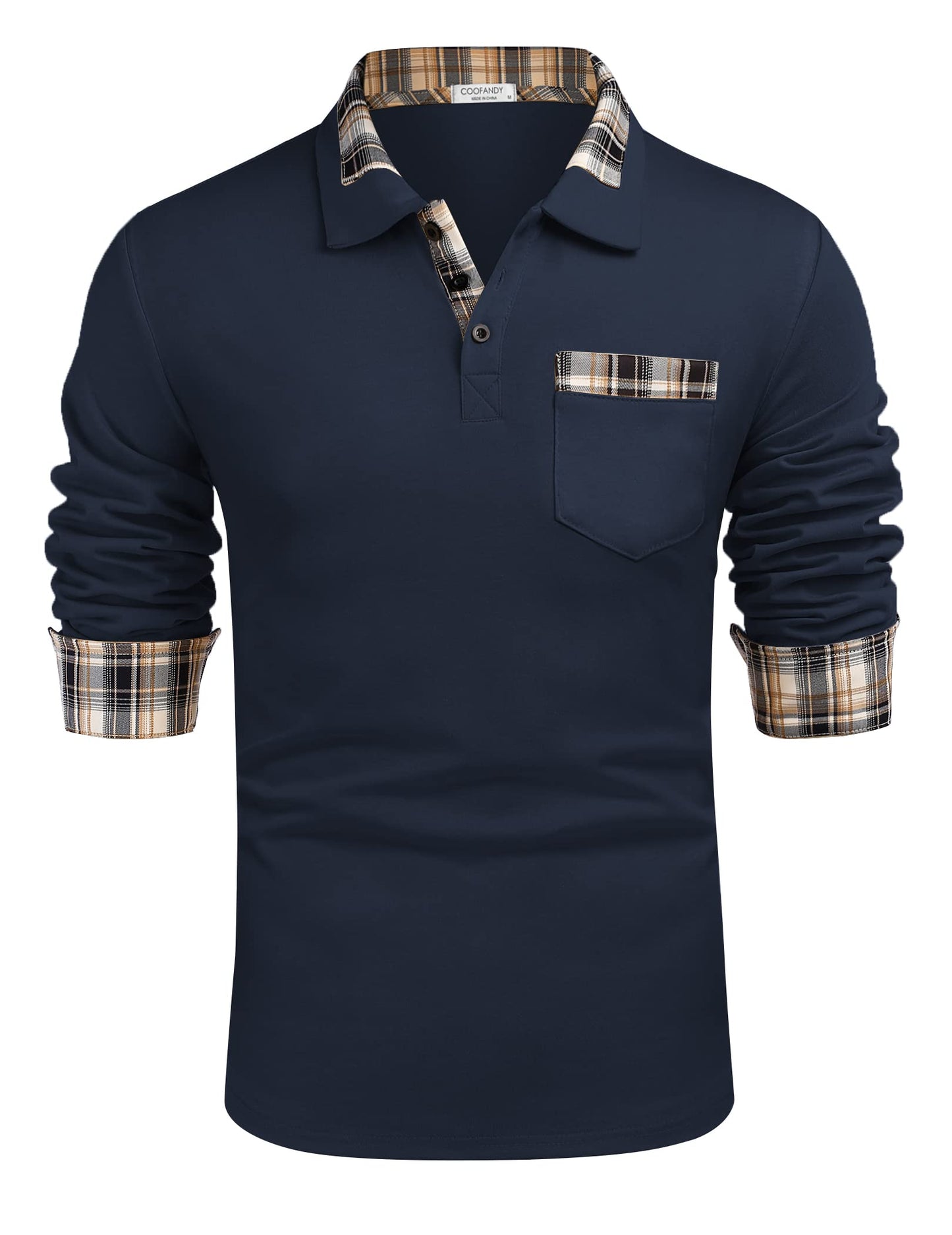 COOFANDY Men's Casual Polo Shirt Long Sleeve Classic Plaid Button Tees with Pockets
