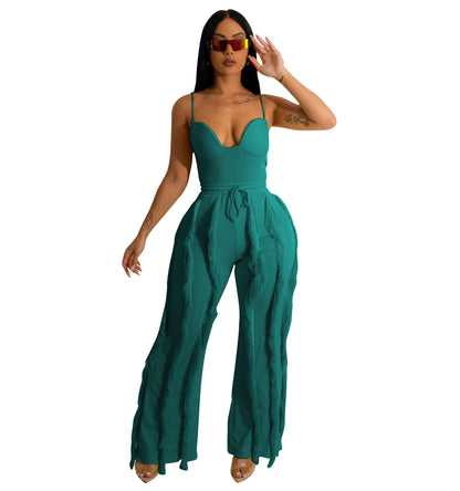 PRIVIMIX Women 2 Piece Outfits Fringe Tassel Long Pants Set Adjustable Suspenders Bodysuit Spaghetti Strap Clubwear Jumpsuits