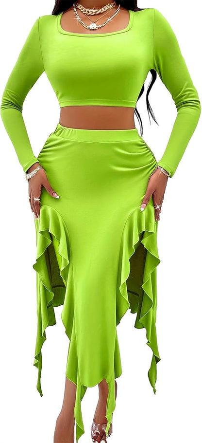 BARASA Women Summer 2 Piece Skirt Sets Comfy Ruffle Trim Irregular Split Sexy Y2k Club Party Tops Jellyfish Skirt Suits S69