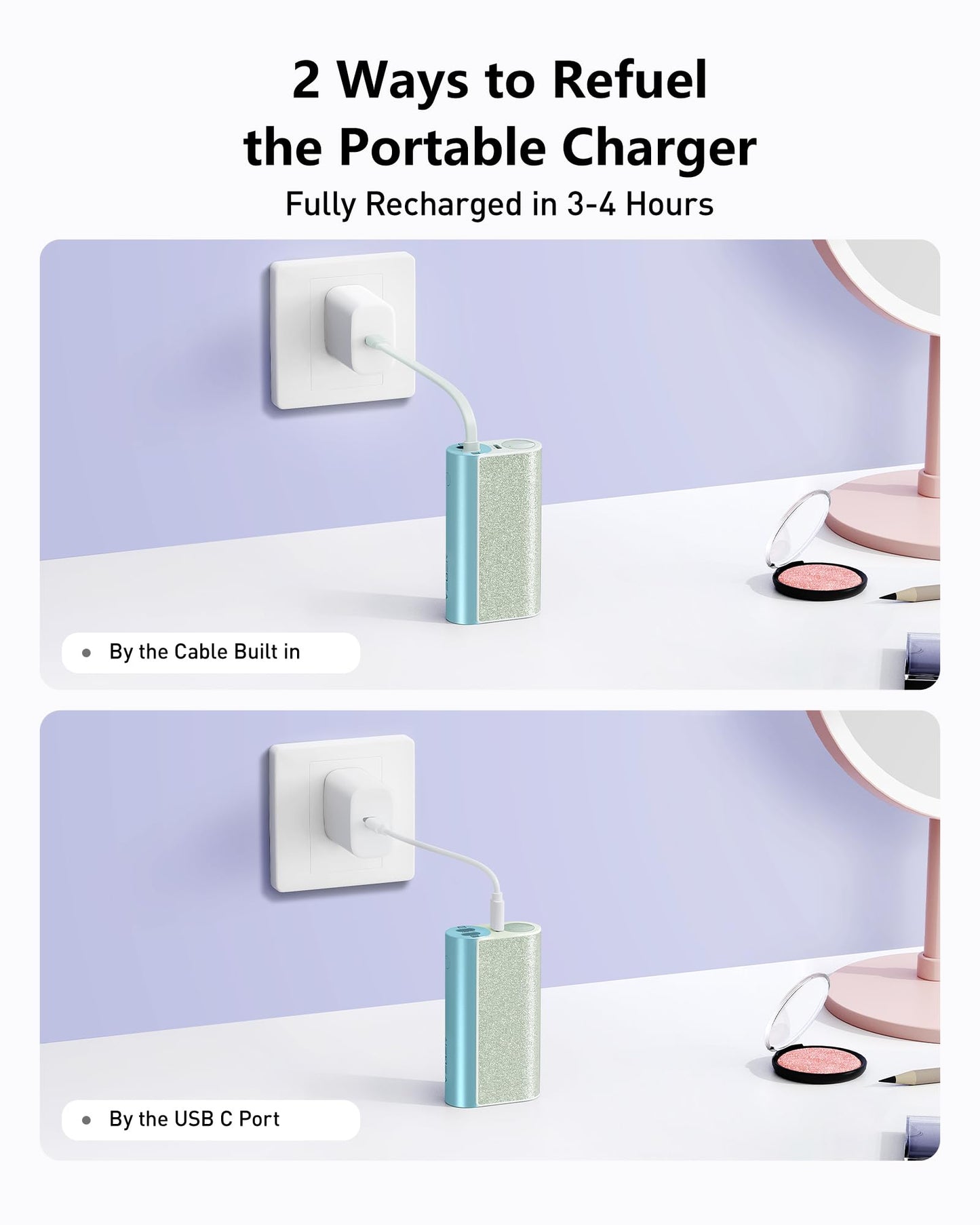 VEGER Compact Portable Charger with Built in Cable(Removable), 10000mAh Cute Power Bank 20W Fast Charging, Sparkling Battery Pack Fashion Travel Accessory Compatible with iPhone 15/14, Android-Purple
