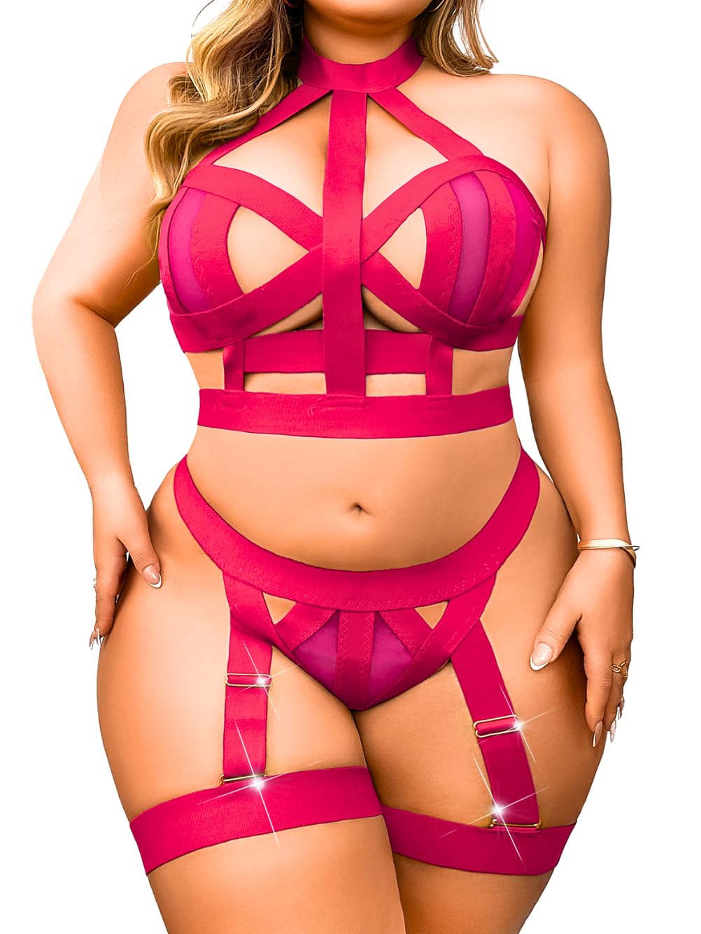 Curvy Lady's Strappy Lingerie For Women, Plus Size Exotic Garter Thong, BBW Halter Gifts For Him 3 Piece Set