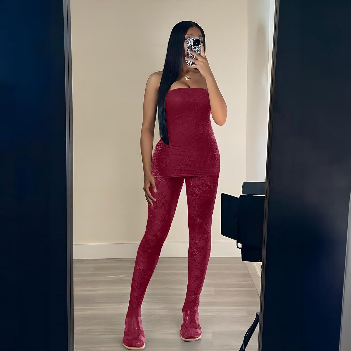 Kafiloe Sexy 3 Piece Outfits for Women Clubwear Lace Tube Mini Dress Top with Stockings Set Birthday Outfits