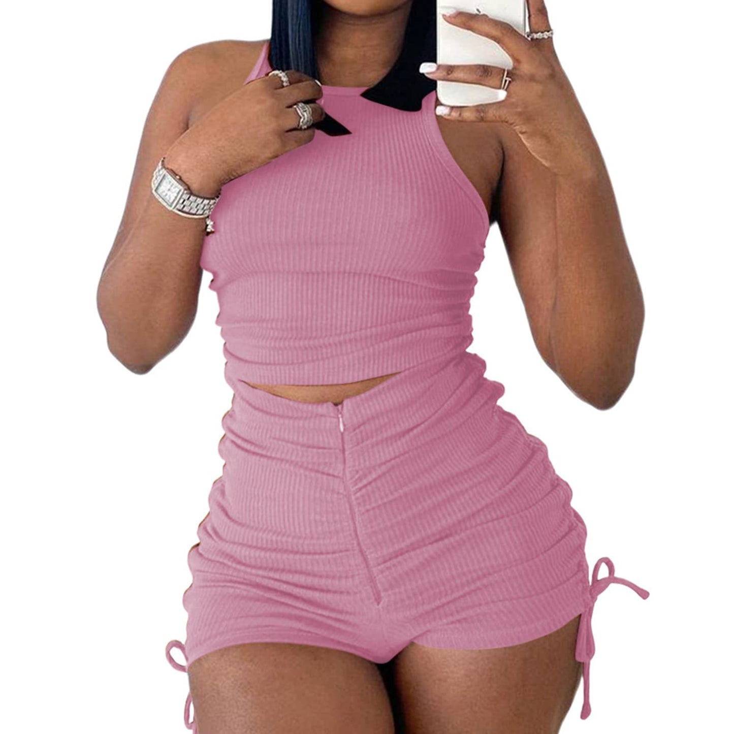 PYAEAS Summer Two Piece Outfits for Women, Casual Stretchy Ribbed Tank Crop Top Ruched Shorts Set Workout Tracksuits