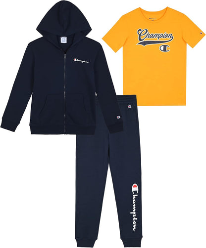 Champion Boys Sweatsuit Set for Kids 3 Piece Boys Hoodie Jogger and Tee Shirt Tracksuit Outfit