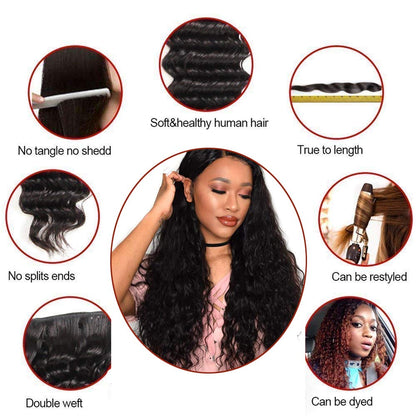 Water Wave Bundles With Closure Human Hair - 18 20 22+16, Wet and Wavy, 3 Bundles, 100% Unprocessed, Deep Curly, Natural Black Color