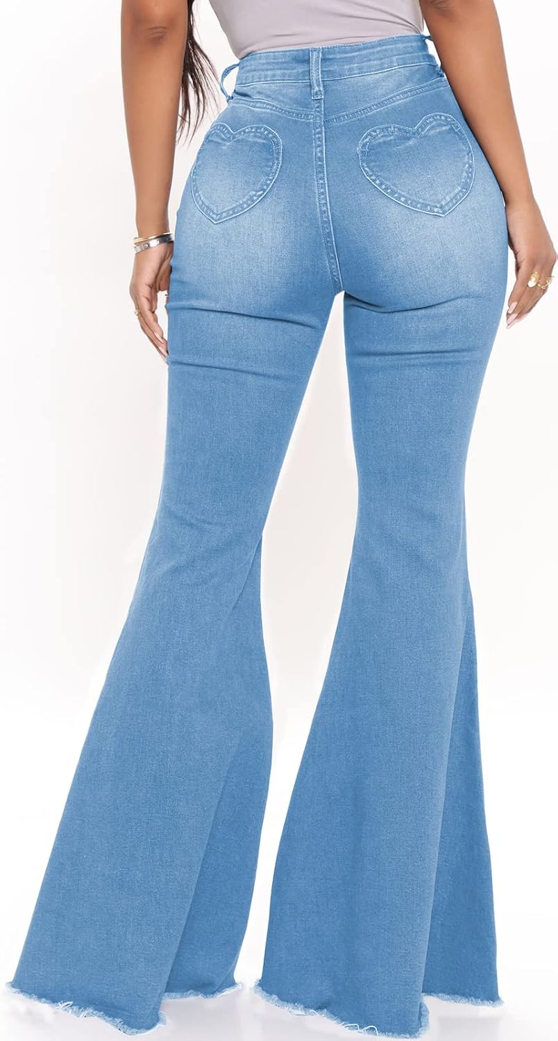 Women's Bell Bottom Jeans Classic Destoryed Ripped Flare Jeans Elastic Waist Raw Hem Denim Pants