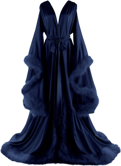 Women's Feather Bridal Robes Old Hollywood Maternity Photoshoot Nightgown Silk Bathrobe Long Lingerie