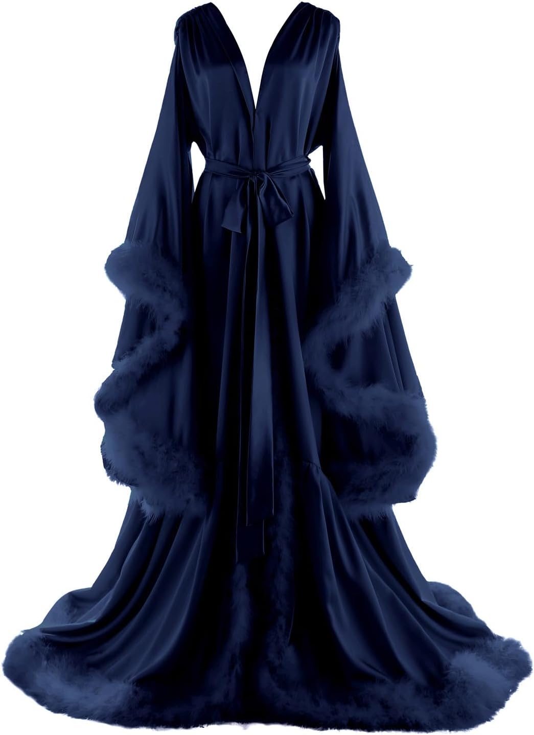 Women's Feather Bridal Robes Old Hollywood Maternity Photoshoot Nightgown Silk Bathrobe Long Lingerie
