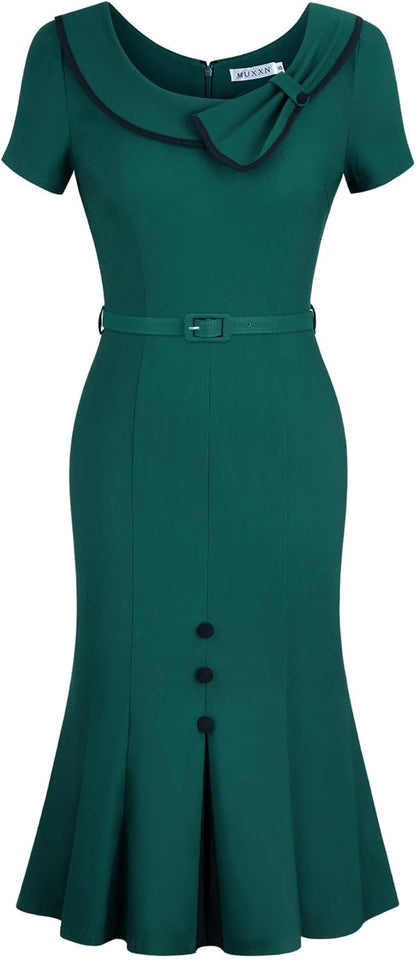 MUXXN Women's Retro 60s Sailor Collar Short Sleeve Pinup Cocktail Work Mermaid Dress with Belt