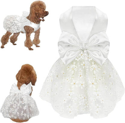 Dog Dresses, Puppy Soft Skirt, Summer Pet Clothes, Girl Dogs Wedding Outfit, Puppy Slik Outfit with Bow Tie, Dog Princess Clothes for Small Medium Breeds, White L