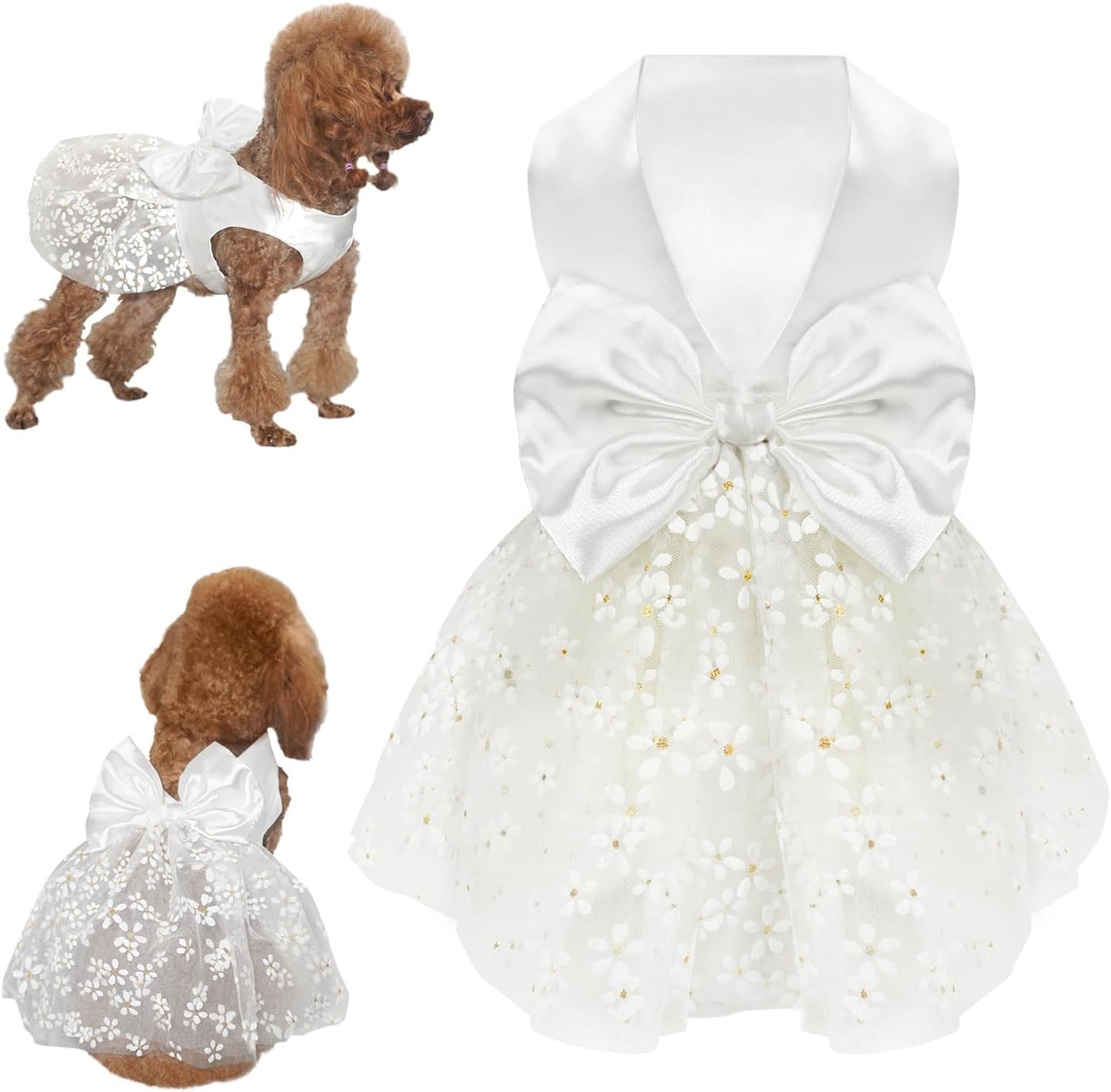 Dog Dresses, Puppy Soft Skirt, Summer Pet Clothes, Girl Dogs Wedding Outfit, Puppy Slik Outfit with Bow Tie, Dog Princess Clothes for Small Medium Breeds, White L