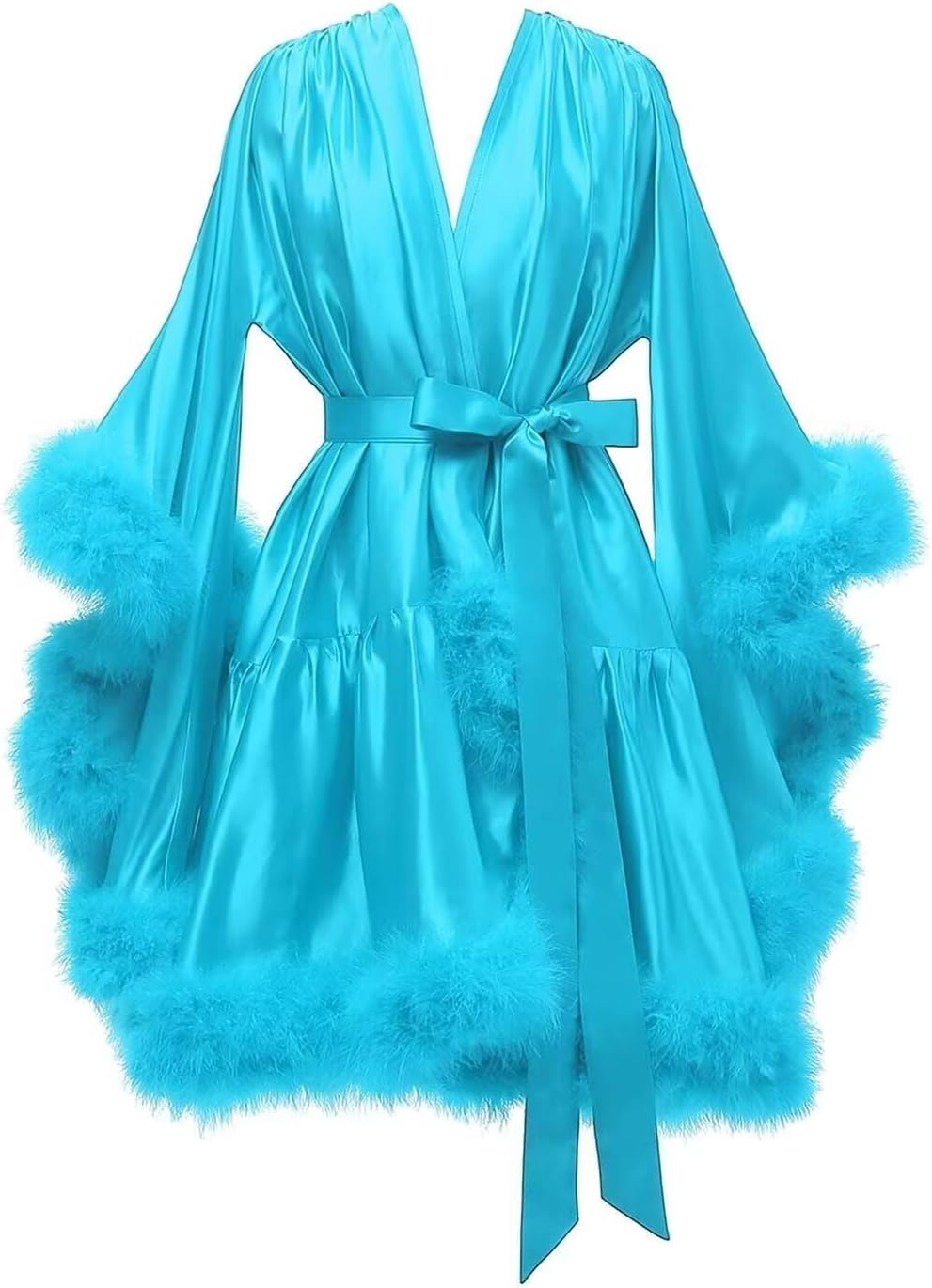 Yexinbridal Feather Fur Robe Silk Satin Bridal Dressing Gown Sexy Illusion Lingerie Nightgown Bathrobe Sleepwear