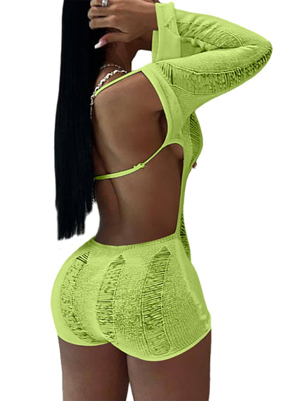 Women Sexy Off Shoulder Crochet Knitted Hollow Out Long Sleeve Romper Backless Bodycon Party Club Night Rompers