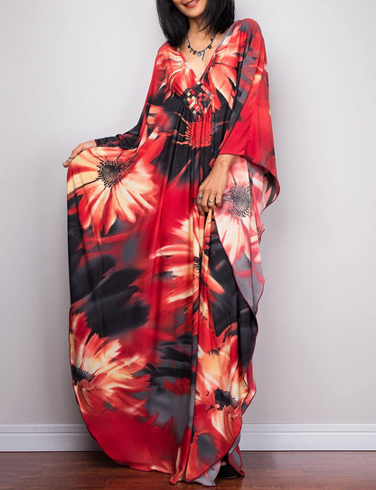 Bsubseach Women Ethnic Print Kaftan Beach Dress Plus Size Swimsuit Cover Up