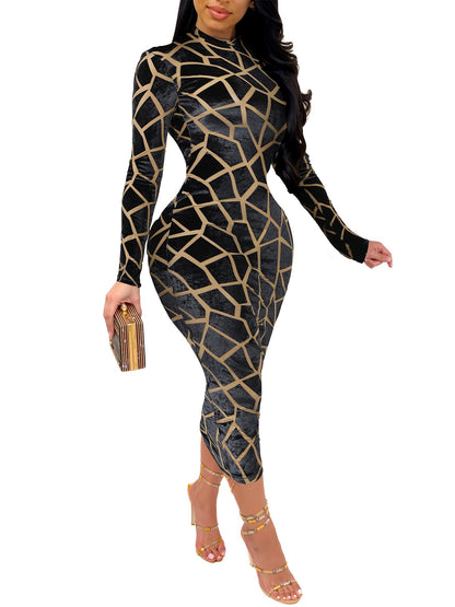 Uni Clau Women Sexy Sheer Mesh Boydcon Midi Dress See Through Printed Long Sleeve Midi Skinny Clubwear Party Dress