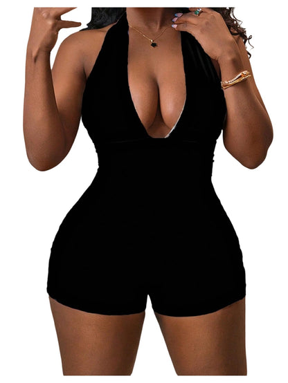 WDIRARA Women's Leopard Print Halter Bodysuit Sexy Sleeveless Romper Tie Backless Short Jumpsuit