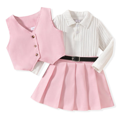 HINTINA Toddler Little Girl Sleeveless Button Vest Ribbed Long Sleeve Collar Top And Pleated Skirt With Belt