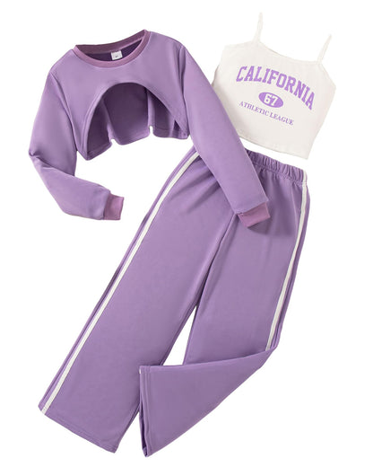 Girls 3 Piece Outfits Long Sleeve Crop Shirts & Cami Tops & Sweatpants Sets Fall Clothes Size 8-12Y