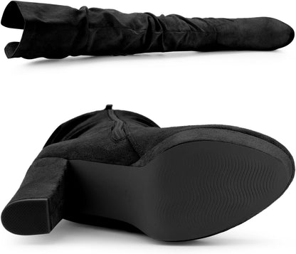 Allegra K Women's Platform Round Toe Zipper Slouch Heel Over the Knee Thigh High Boots